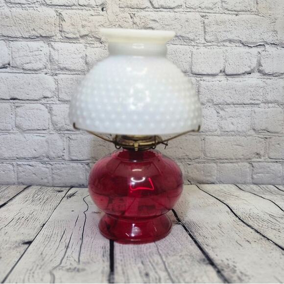 Vintage Ruby Red Glass and White Milk Glass Hobnail Shade Oil Lamp - Picture 1 of 8